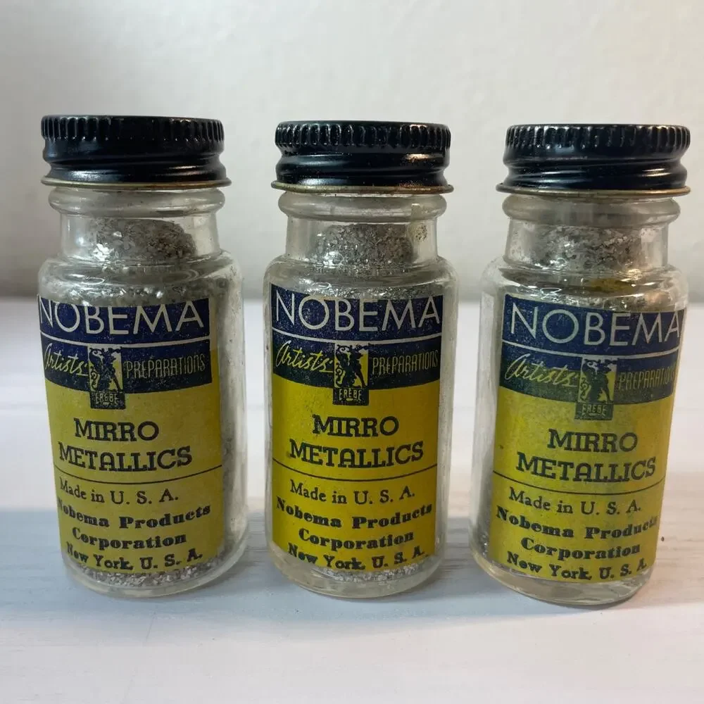 RARE Vintage 1940s Nobema Mirro Metallics Glass Glitter Flakes Jars Lot of 3